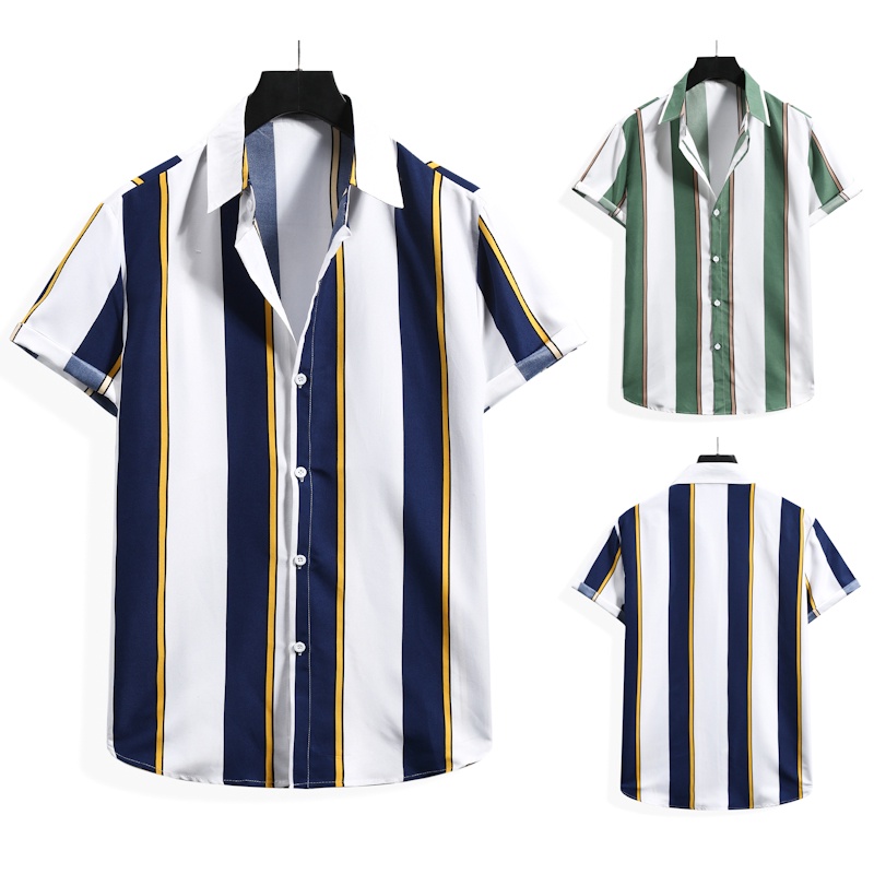 Summer Men's Short Sleeve Striped Shirt Baju MURAH Viral Slim Fit ...