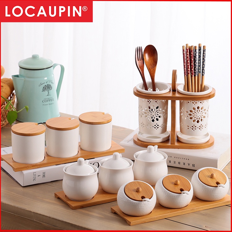 Locaupin Kitchen Ceramic Spice Jar Set Seasoning Dispensers