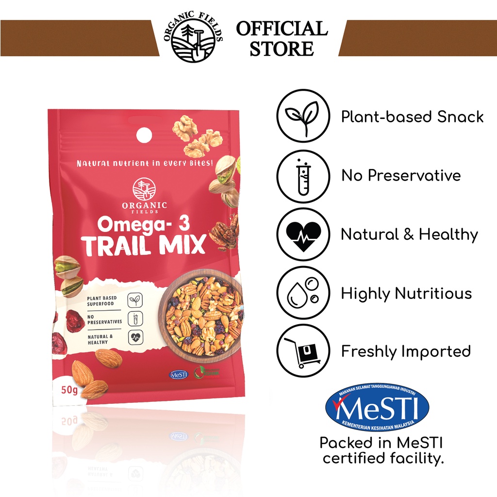 ORGANIC FIELDS Omega3 Trail Mix (50g) Healthy Snack Unsalted