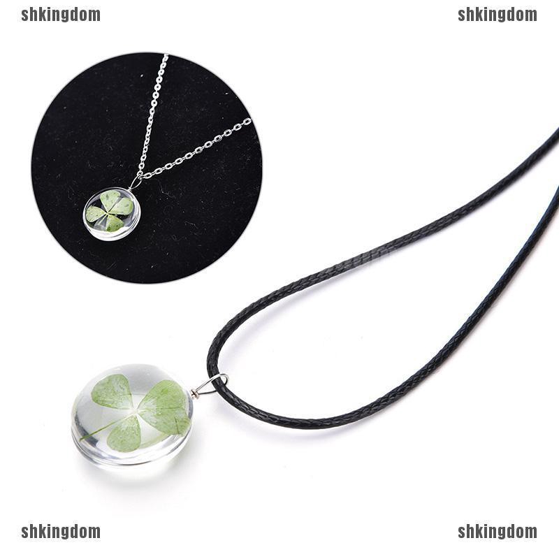 Real Green Lucky Shamrock Four Leaf Clover Round Pendant Necklace ...