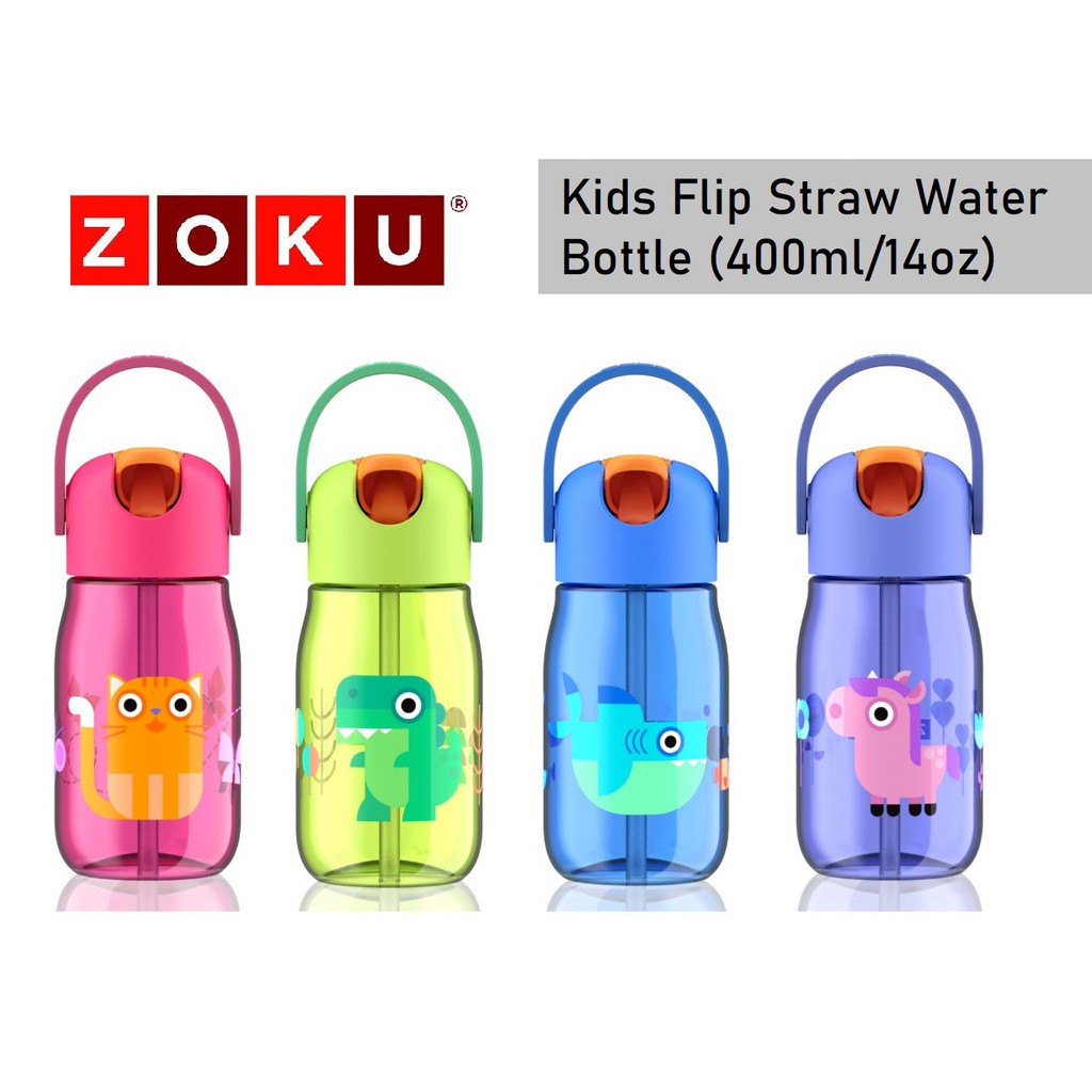 Zoku Kids Flip Straw Water Bottle (400ml / 14oz) Blue Red Green Purple ...