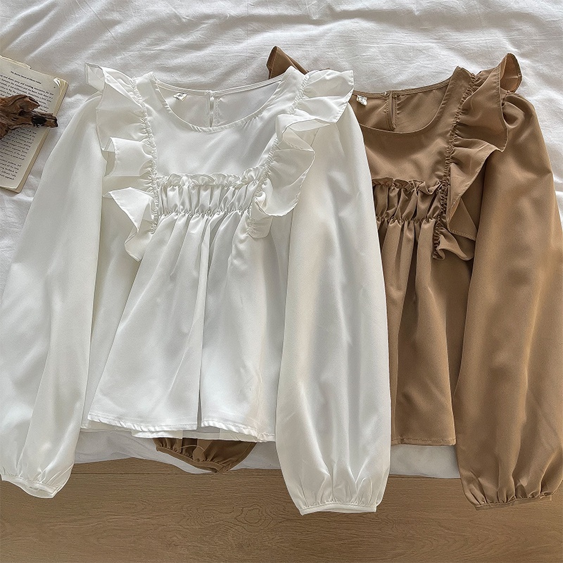 Korean Style Women Ladies Loose Round Neck Ruffle Long Sleeve Shirt ...