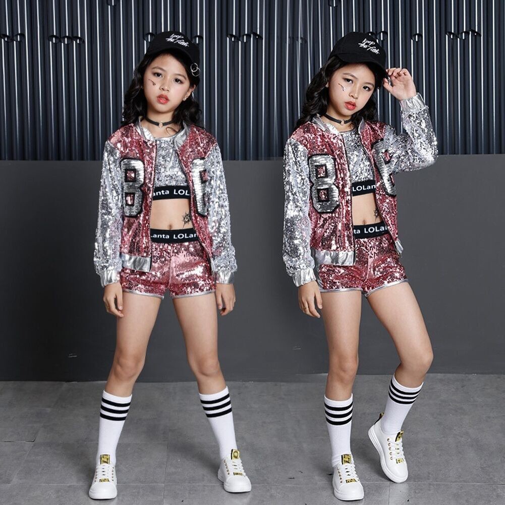 Ready Stock Kids Girls Pink Sequins Hip Hop Outfit Streetwear Crop Top Jacket Shorts Set Children Korean Dance Outfits Modern Jazz Dance Costume Stage