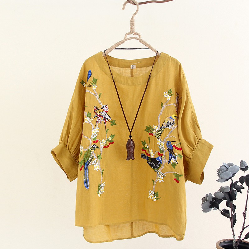 Women Summer Embroidery Vintage Short Sleeve Floral Loose Plus Size ...