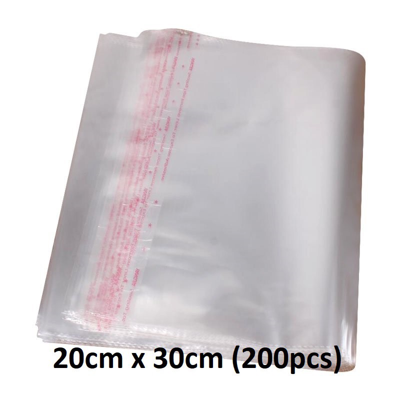 200pcs OPP self Adhesive transparent Packing Plastic Bag 20x30cm Baju ...