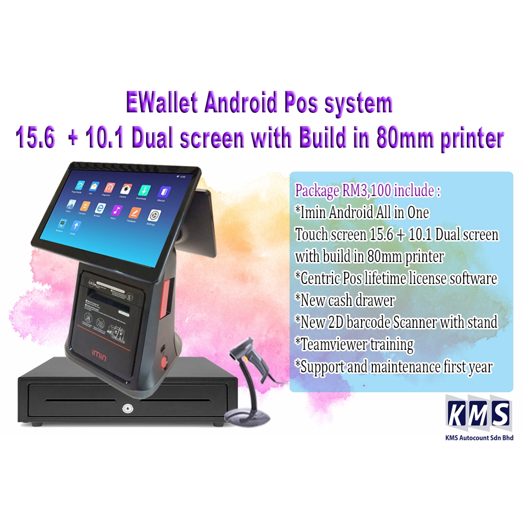 EWallet Android Pos system 15.6 + 10.1 Dual screen with Build in 80mm ...