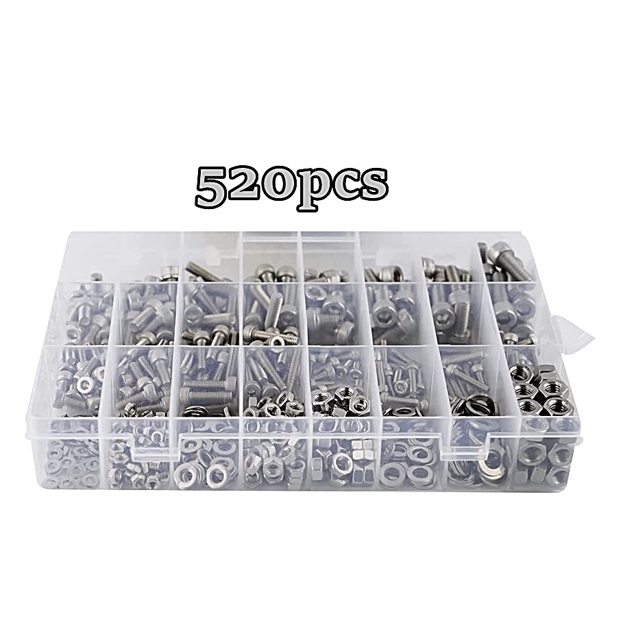 520pcs Screws And Nut M3 M4 M5 M6 Cap Socket Head Screws Stainless Steel Hex Bolts And Nuts 