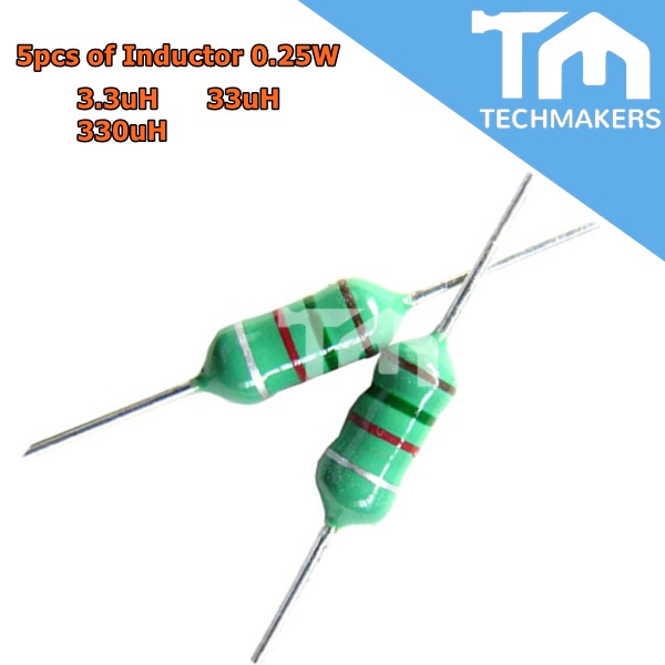 5pcs of Axial Inductor 5% 0.25W Resistor 3.3uH/ 33uH/ 330uH Techmakers