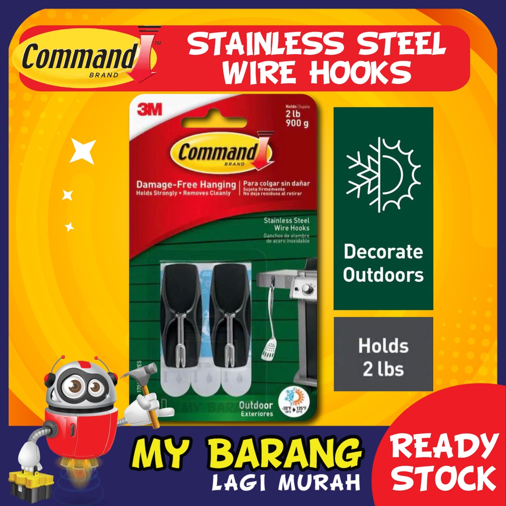 3M Command Outdoor Exterior Stainless Steel Wire Hook / Hanger 2pc