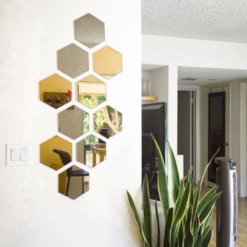 𝑰𝑲𝑬𝑨 HONEFOSS (10 Pcs) LUXURY Geometric Mirror Hexagon Mirror Cermin Dinding Wall Mirror Cermin Hiasan dinding