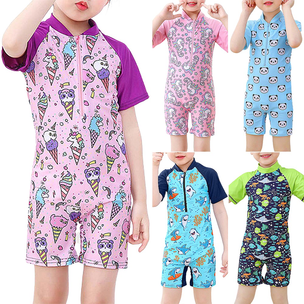 Swimsuit Kids Girl One Piece Swimming Suit Baby Girl Swimwear Baju Mandi  Baju Renang Short Sleeve Suit Zipper Cartoon Unicorn