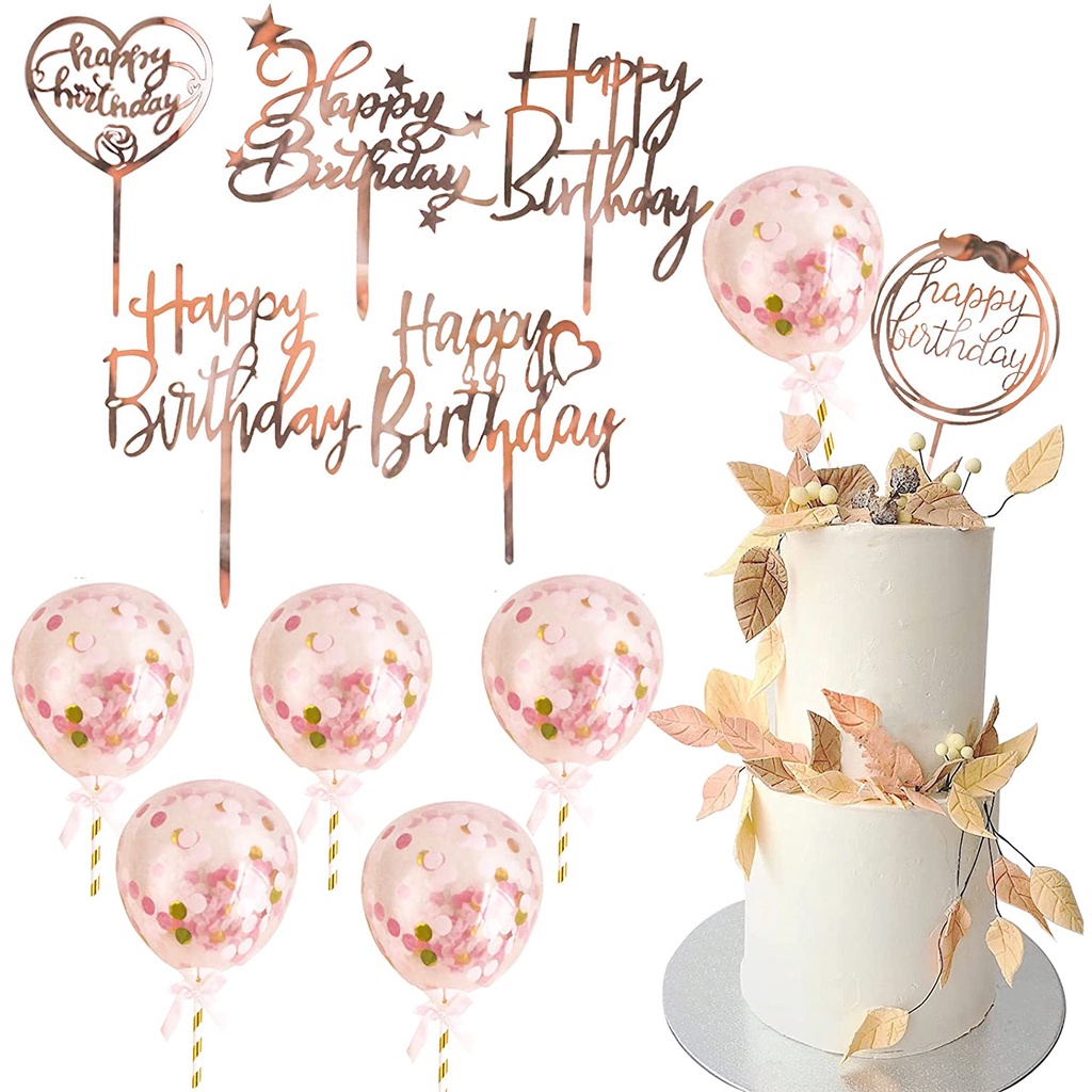 Rose Gold Birthday Acrylic Cake Topper & Confetti Balloon Happy ...