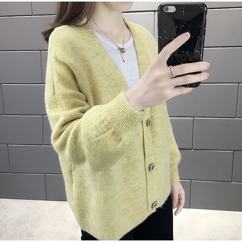 Korean Women Knitted Cardigan Simple Loose Long Sleeve Button Style ...