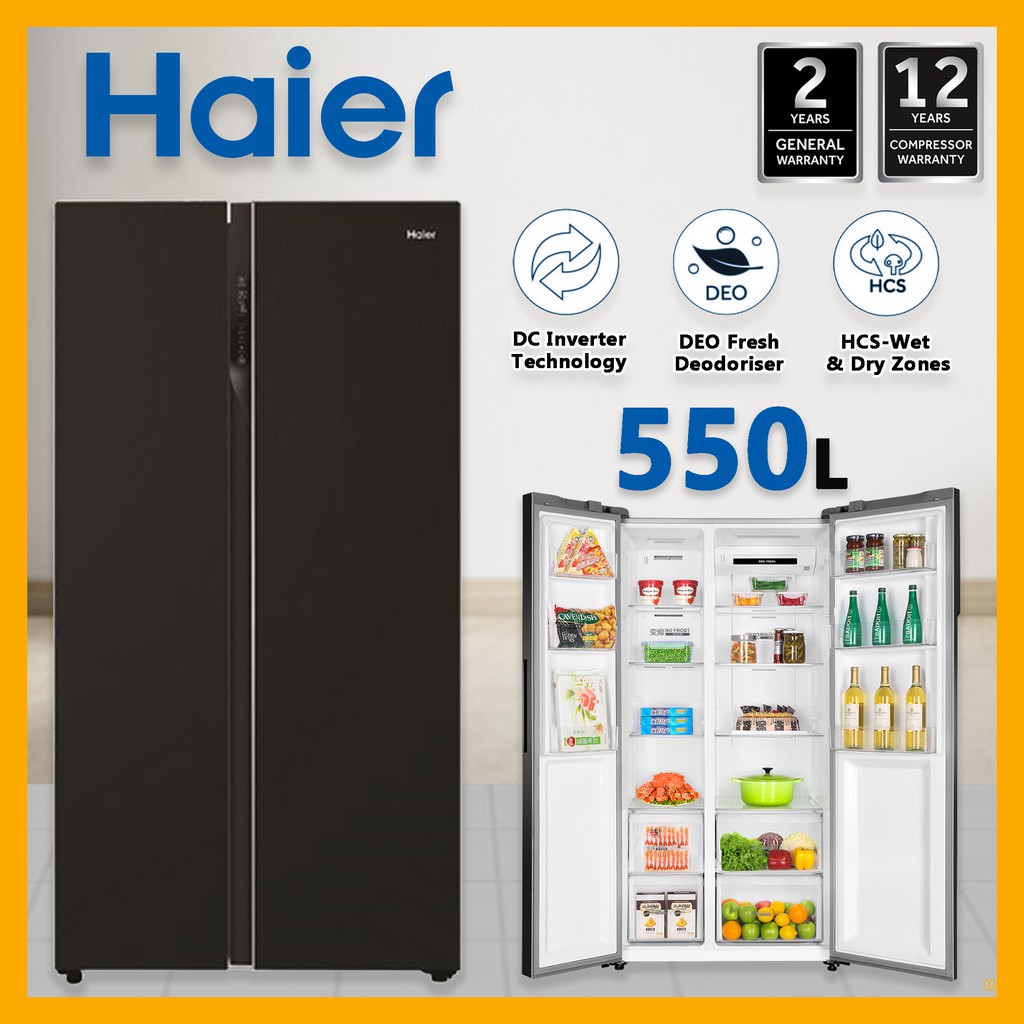 Haier 550L 2 Doors Side By Side Glass Refrigerator Fridge DC Inverter Technology HRF619SI(B
