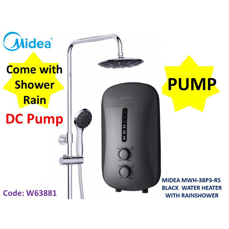 Midea MWH38P3RS Rainshower Water Heater With Pump ( Black Colour