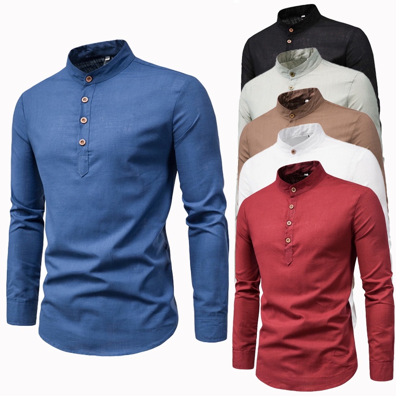 Men's Shirts 6 Colors Stand Collar Long Sleeve Slim Fit Plus Size Linen