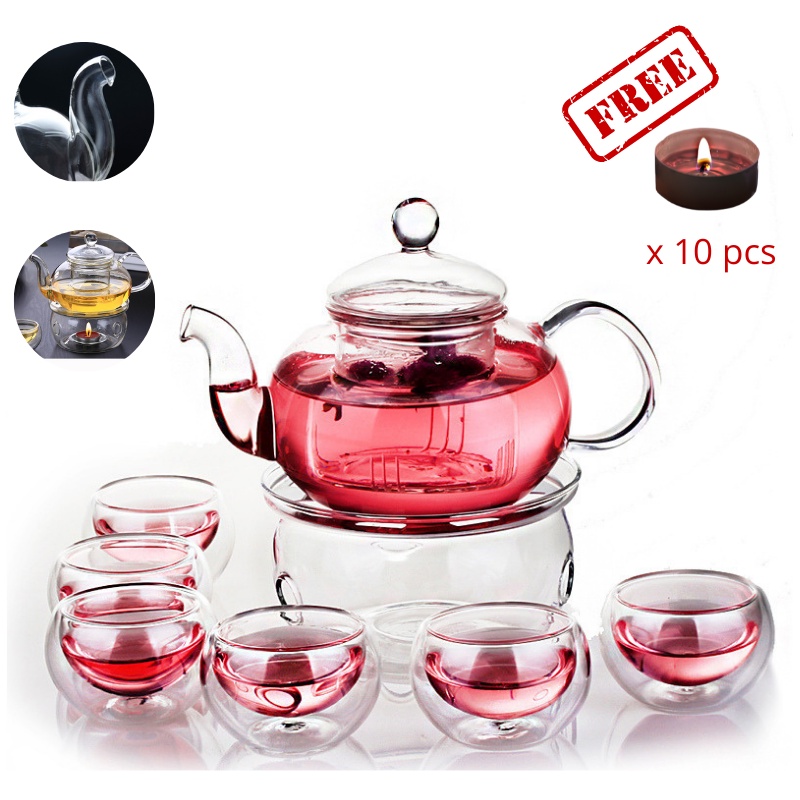 [High Quality] Flower tea pot set Glass Teapot heat preservation + Free ...