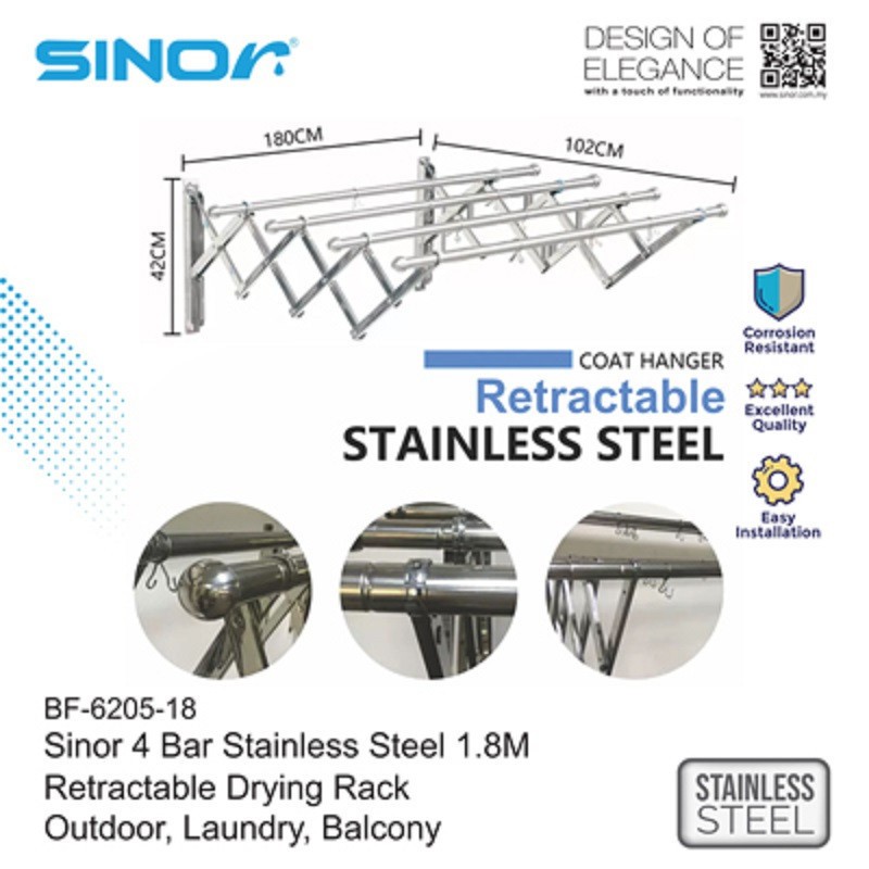 Sinor Stainless Steel Retractable Drying Rack 4 Bar 1.8m BF-6205-18