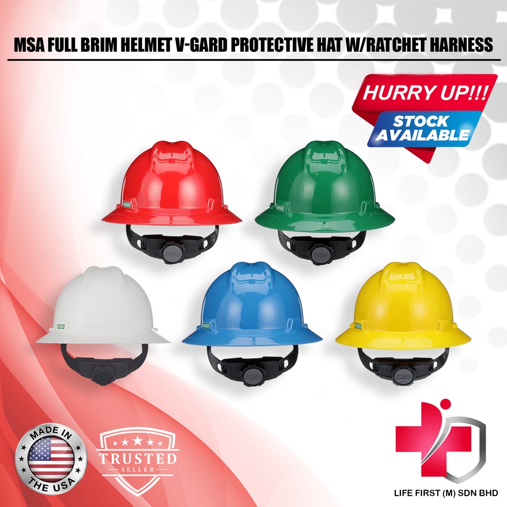 MSA Full Brim Helmet V-Gard Protective Hat W/Ratchet Harness Original ...