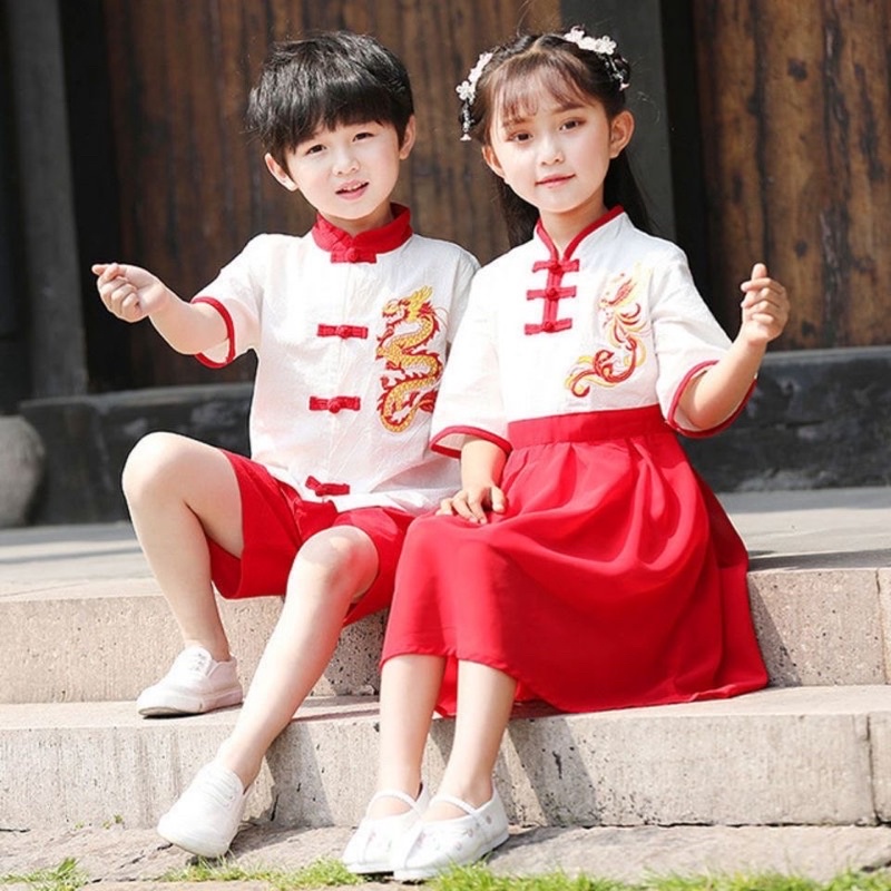 Boys Girls Siblings Kids Traditional CNY Costume Hanfu Tang Costumes Suits Boy Girl Cheers Cherish