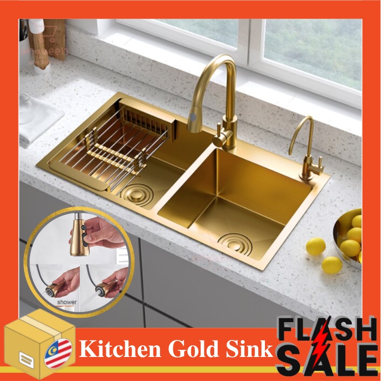 ⚡Full Set⚡ 304 Gold Kitchen Sink Double Handmade Nano Stainless Steel ...