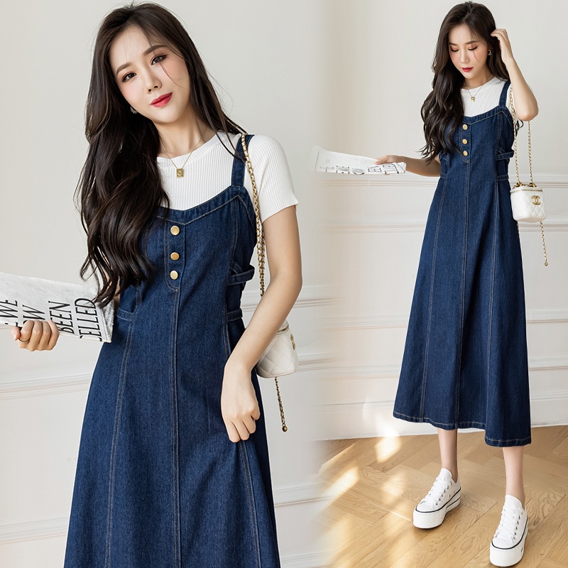 S 5XL Ready Stock Real Shot Korean Version New Style Waist Waisted Casual All Match Denim Strap Skirt Fat mm Long Bow Laced Up Slimmer Look A Line