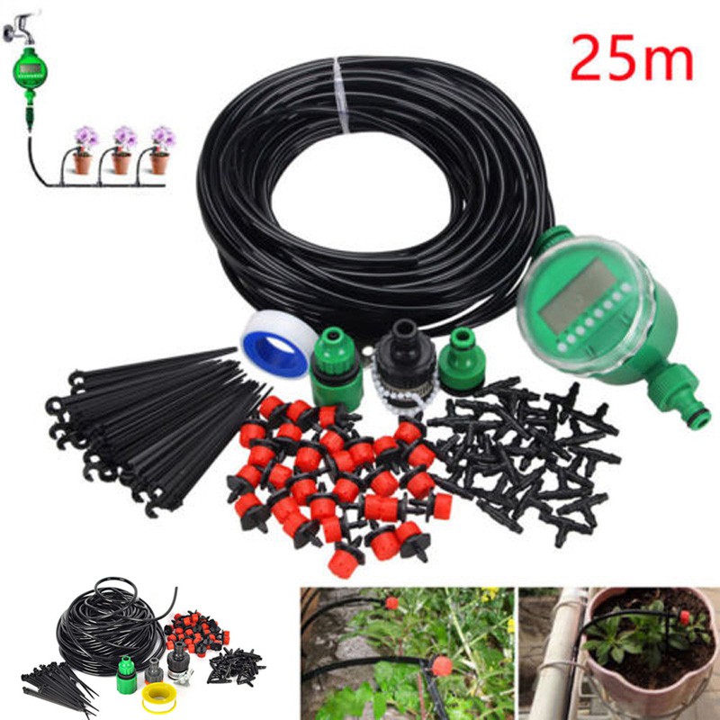 25m DIY Micro Drip Irrigation System Auto Timer Self Plant Watering ...