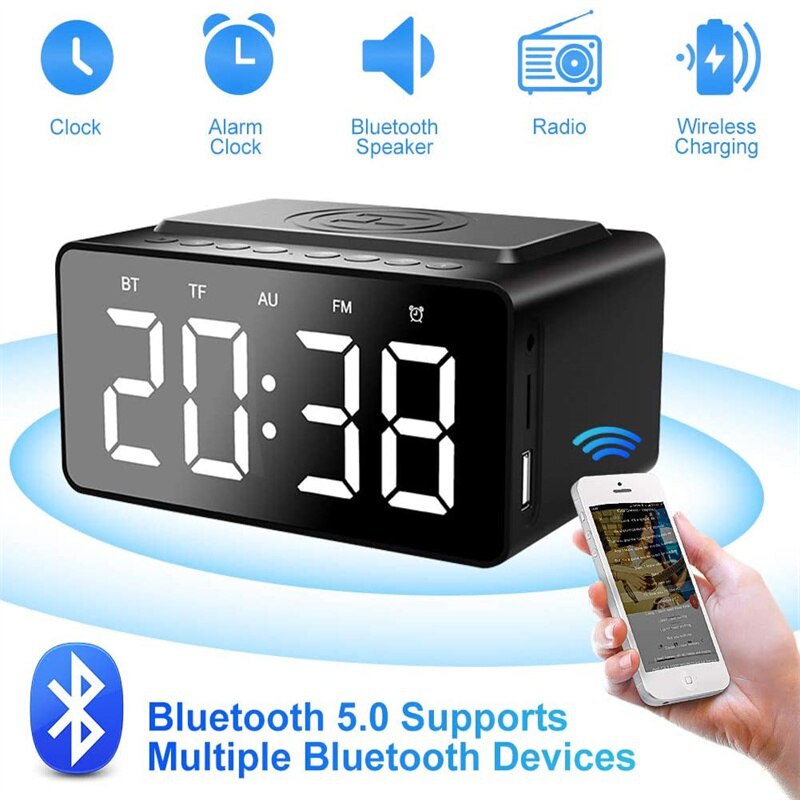 Alarm Clock Bedside Bluetooth Speaker FM Radio Non Ticking with USB