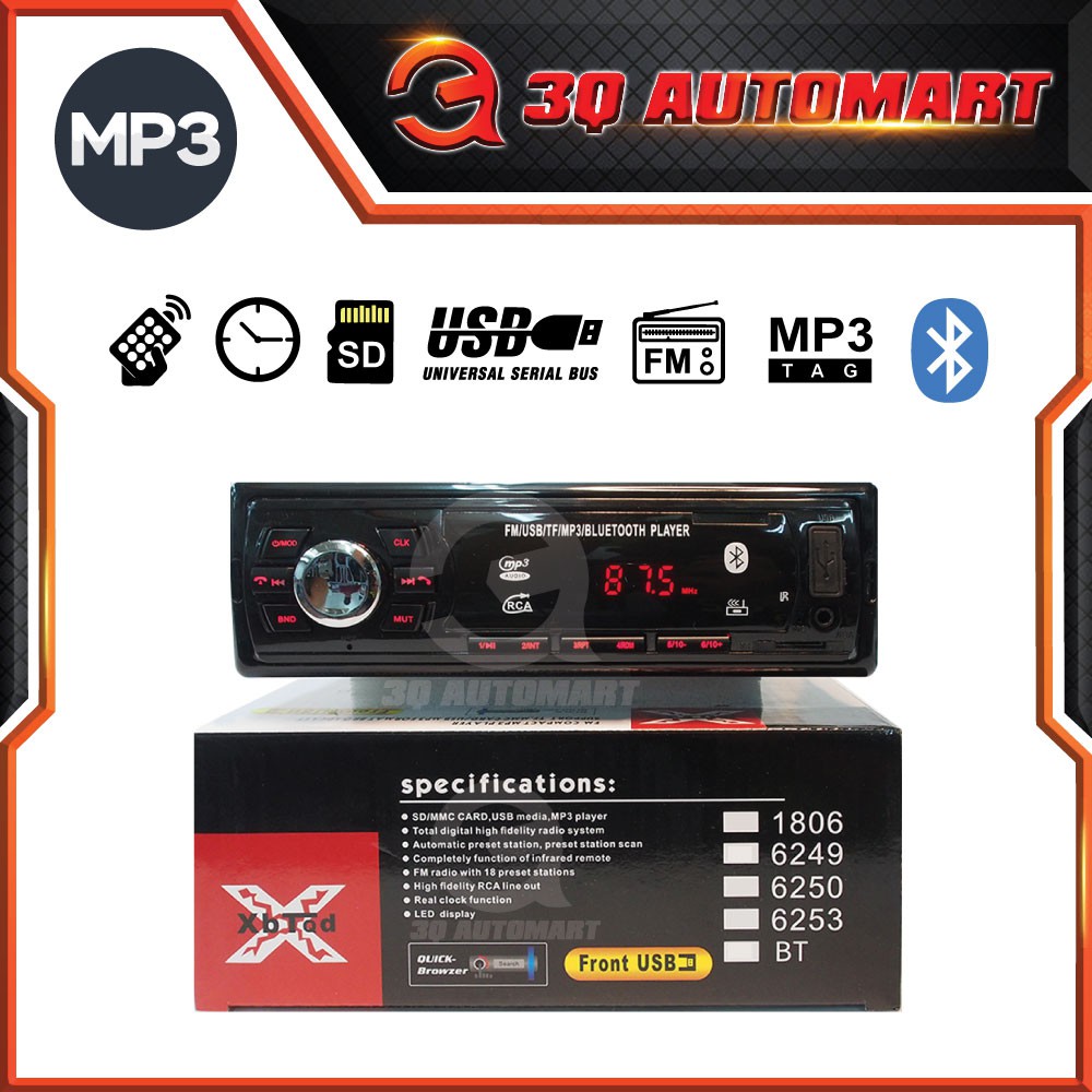 Universal Fixed Panel Car Auto Radio MP3 Player, FM, Bluetooth