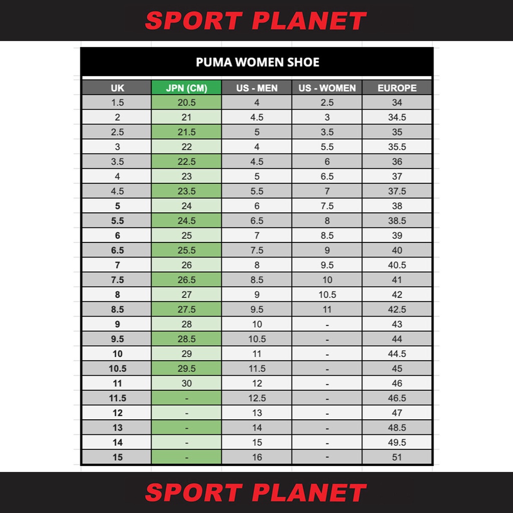 Puma junior size outlet chart