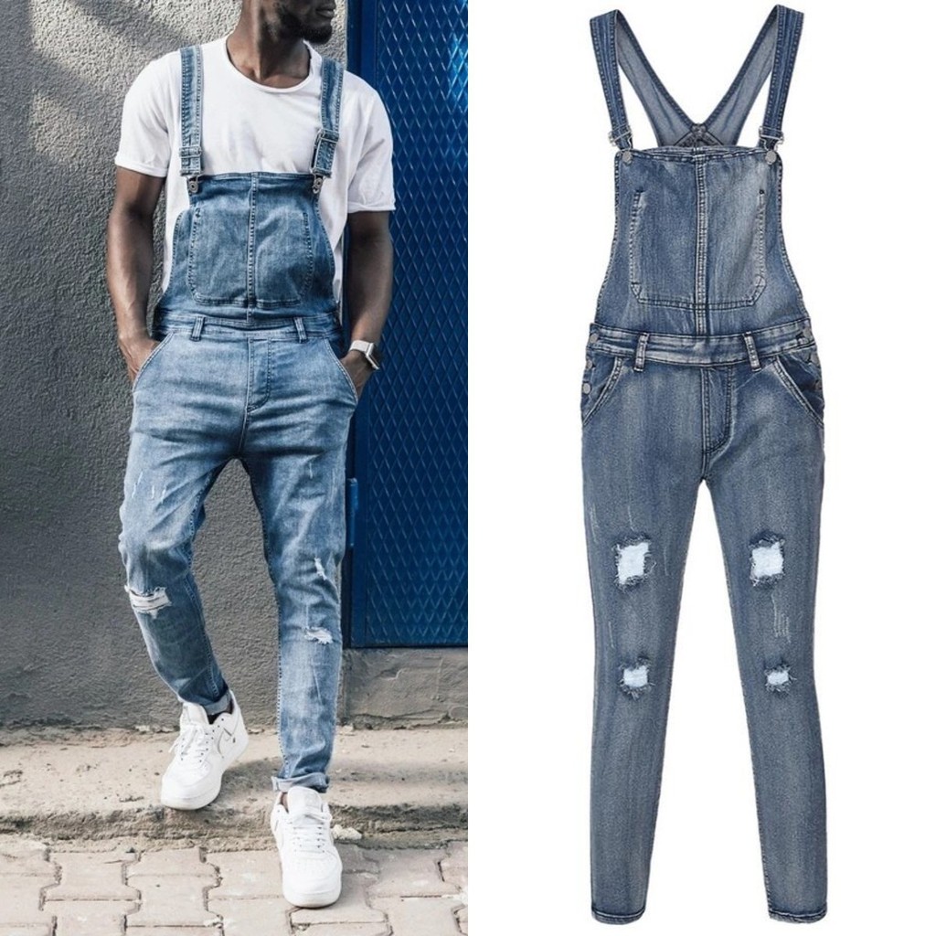 Cool Mens Blue Bib Overalls Fashion Slim Ripped Overalls Man Casual   791b04ea1ef0a1bef084edaf0bf77d53