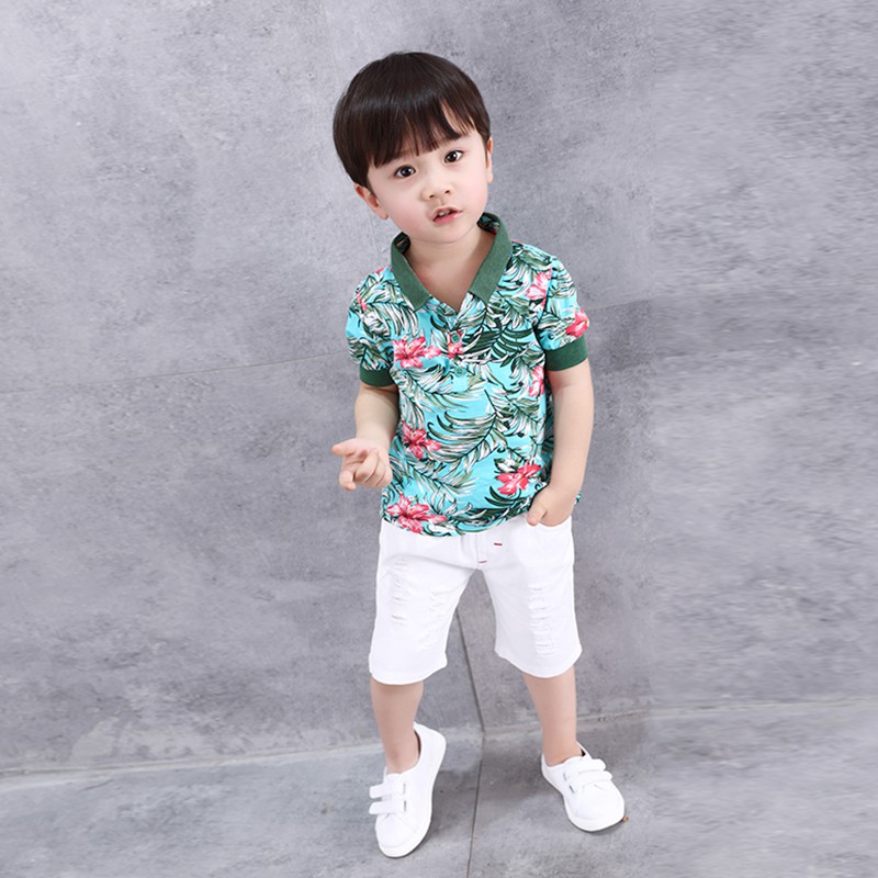 White Shirt & Tropical Bird Print Shorts Boys Cotton Set