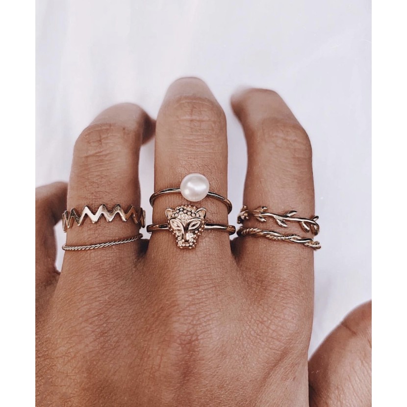 Xuyu pearl joint ring set animal Leopard leaf wave twist ring creative