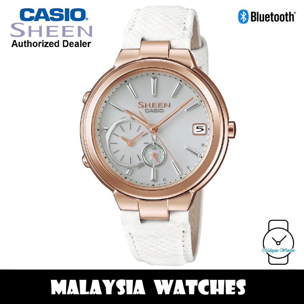 OFFICIAL WARRANTY Casio Sheen SHB 200CGL 7A Solar Power Bluetooth Peach Gold Case White Leather Strap Women s Watch Shopee Malaysia