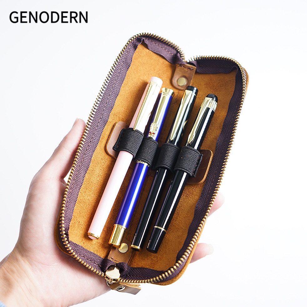 GENODERN Simple Cowhide Zipper Pencil Case Male Pen Protective Case ...