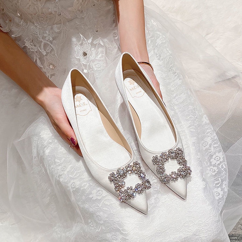 White Wedding Shoes Size 33 44 Rhinestone Shoes Satin Pointed Toe