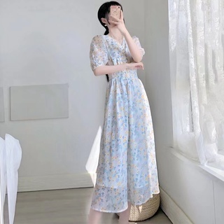 French retro floral chiffon long-sleeved dress new waist long