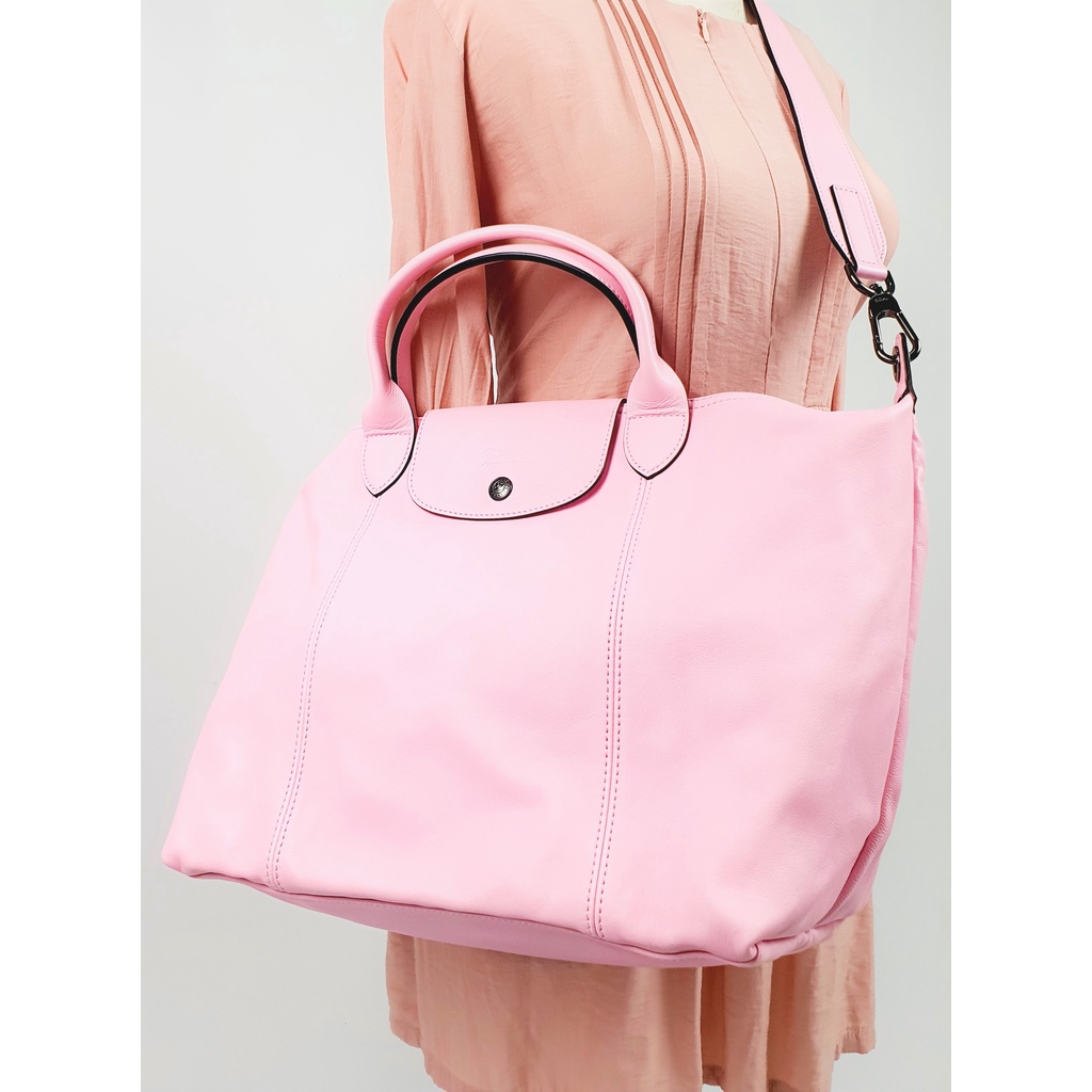 Longchamp Le Pliage Cuir Top handle bag Medium Size Pink Leather Shopee Malaysia