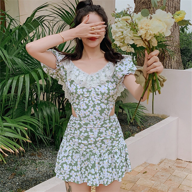 Sexy Swimsuit Women Conservative Cover Belly Lace Up Swimsuit Spring Chiffon Beach Skirt Set main image 1
