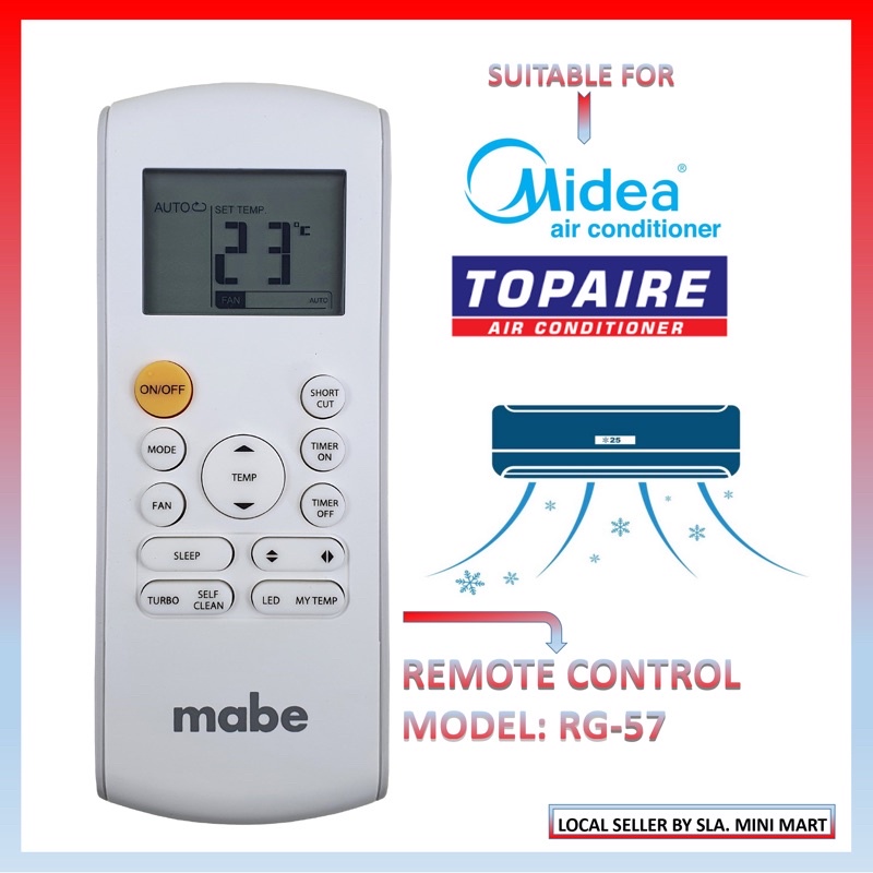 MIDEA/ TOPAIRE AIRCOND REMOTE CONTROL RG57 (FOR MIDEA/ TOPAIRE ...