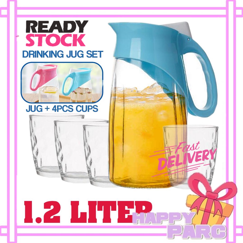 JUG FRUIT JUICE JAR JAG AIR KACA DENGAN CAWAN SET CAWAN JUG KOPI TEA