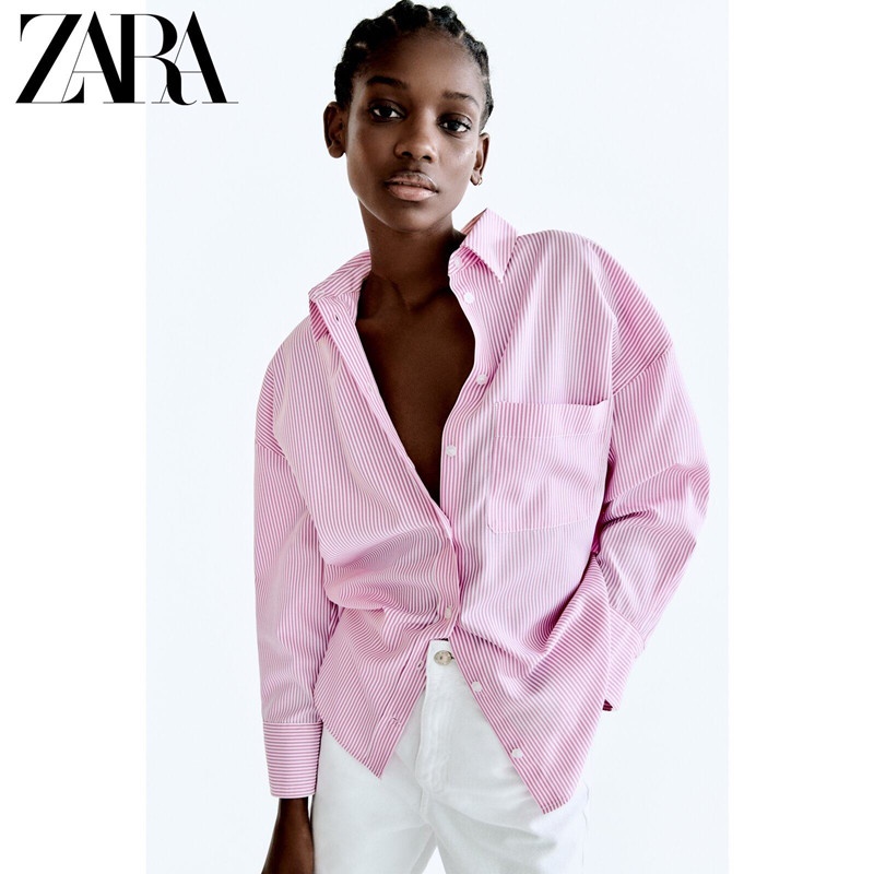 ZARA Summer new women's pink stripe long sleeved shirt 8741235 Shopee