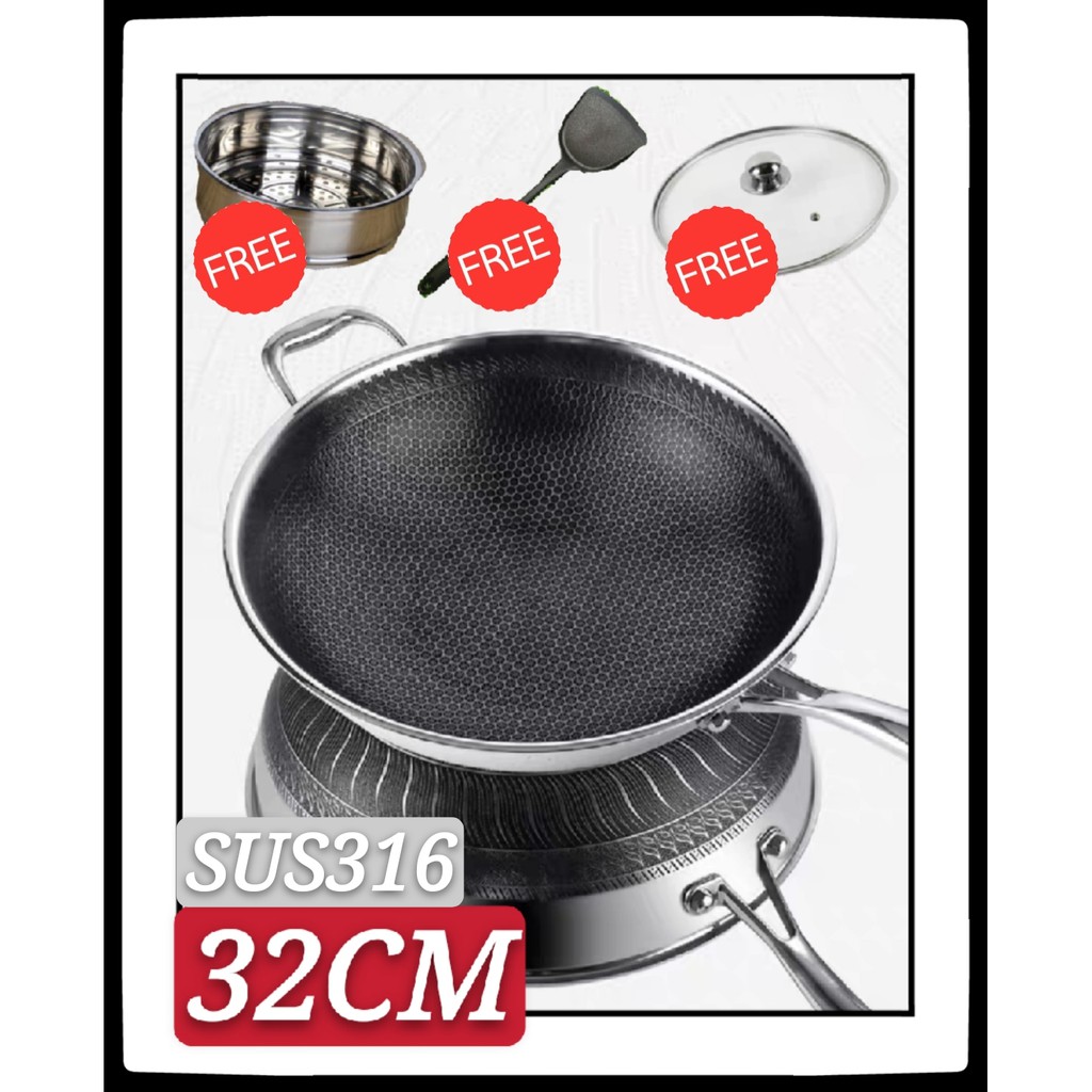 32CM SUS316 GERMAN STAINLESS STEEL NON-STICK WOK | Shopee Malaysia