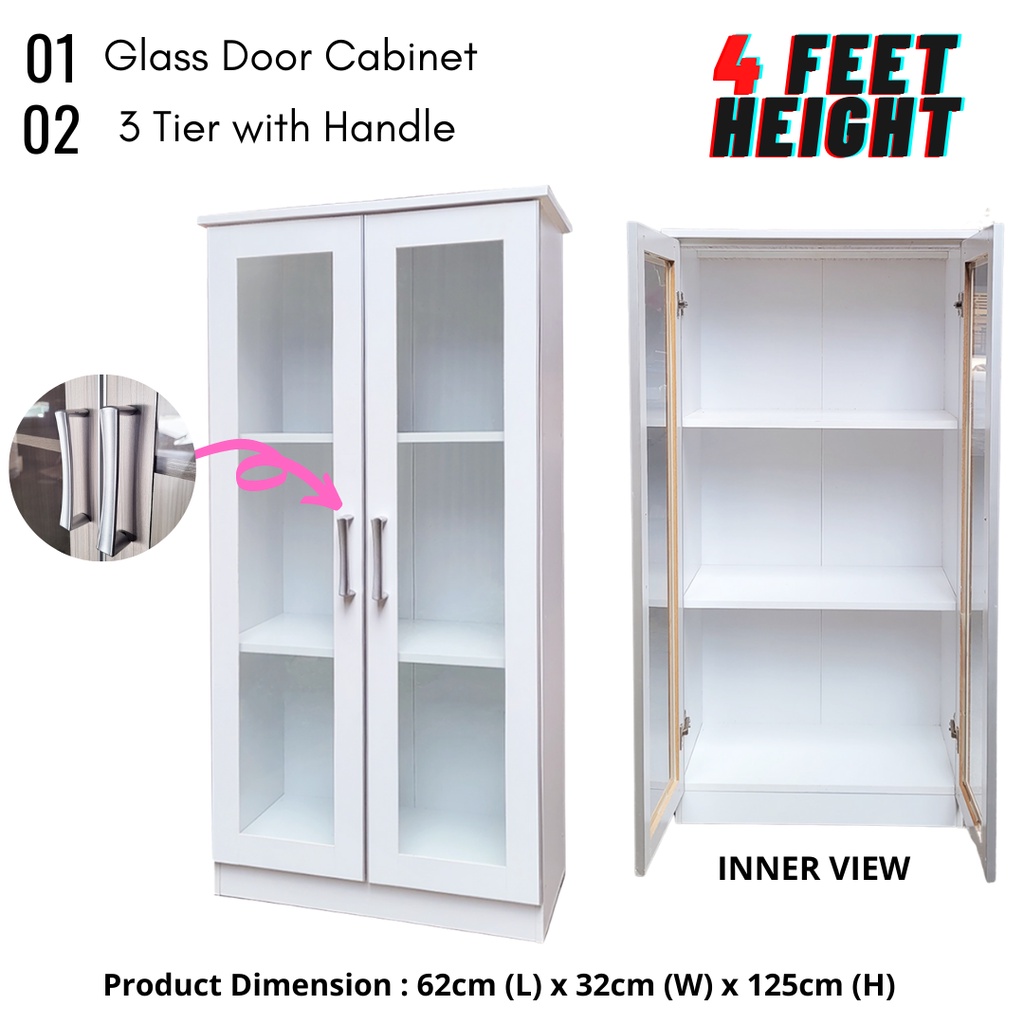 Rak Buku STARS Glass Door Cabinet Storage 4 Feet White Color Book Shelf ...