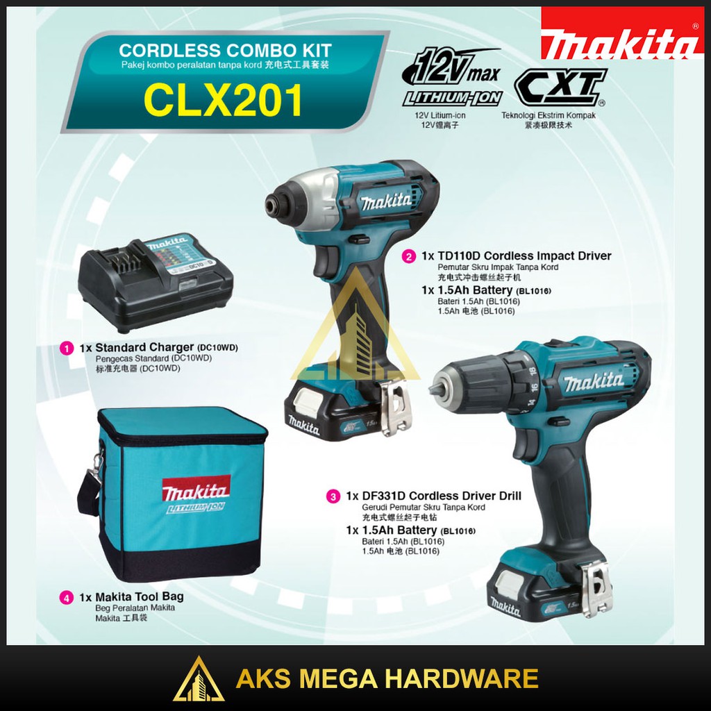 Makita CLX201 DF331D Driver Drill TD110D Impact Driver Tool Bag 12V Max Cordless Combo Kit with Charger 2 x Battery Shopee Malaysia