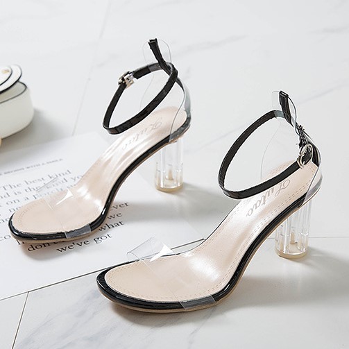 Kasut Tumit Tinggi Lutsinar Bertali Wanita Transparent Mid Heel Strap ...