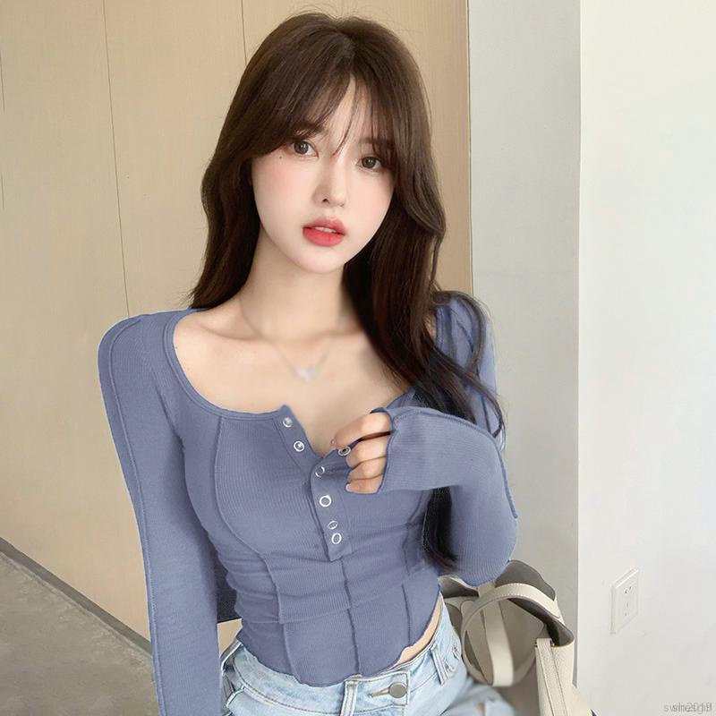 Women U Neck Button Long Sleeves T-shirt | Shopee Malaysia