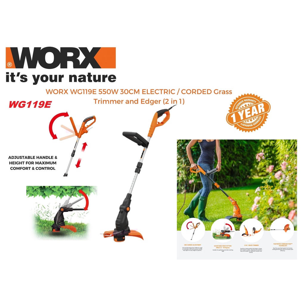 Worx 550W 30cm Corded Grass Trimmer / Edger | Shopee Malaysia