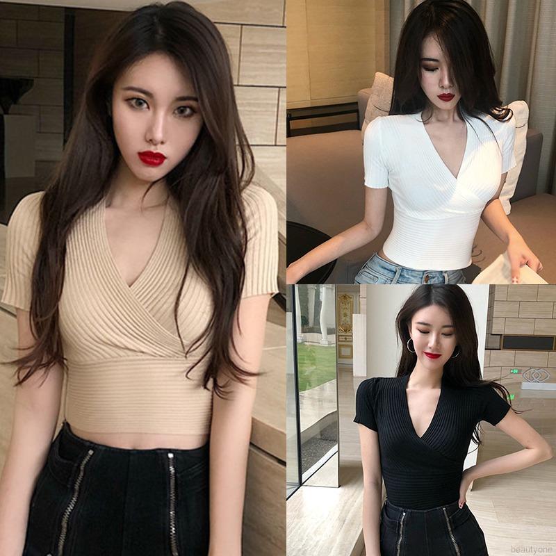 Women Cross V Neck Sexy Slim Exposed Navel Knitted Short Sleeve T Shirt Shopee Malaysia 