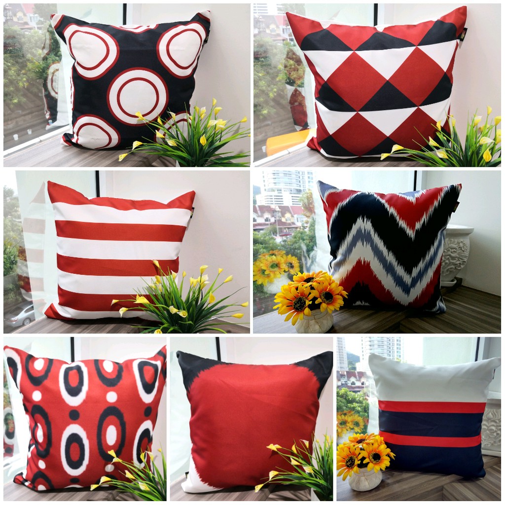 Red and white store pillows